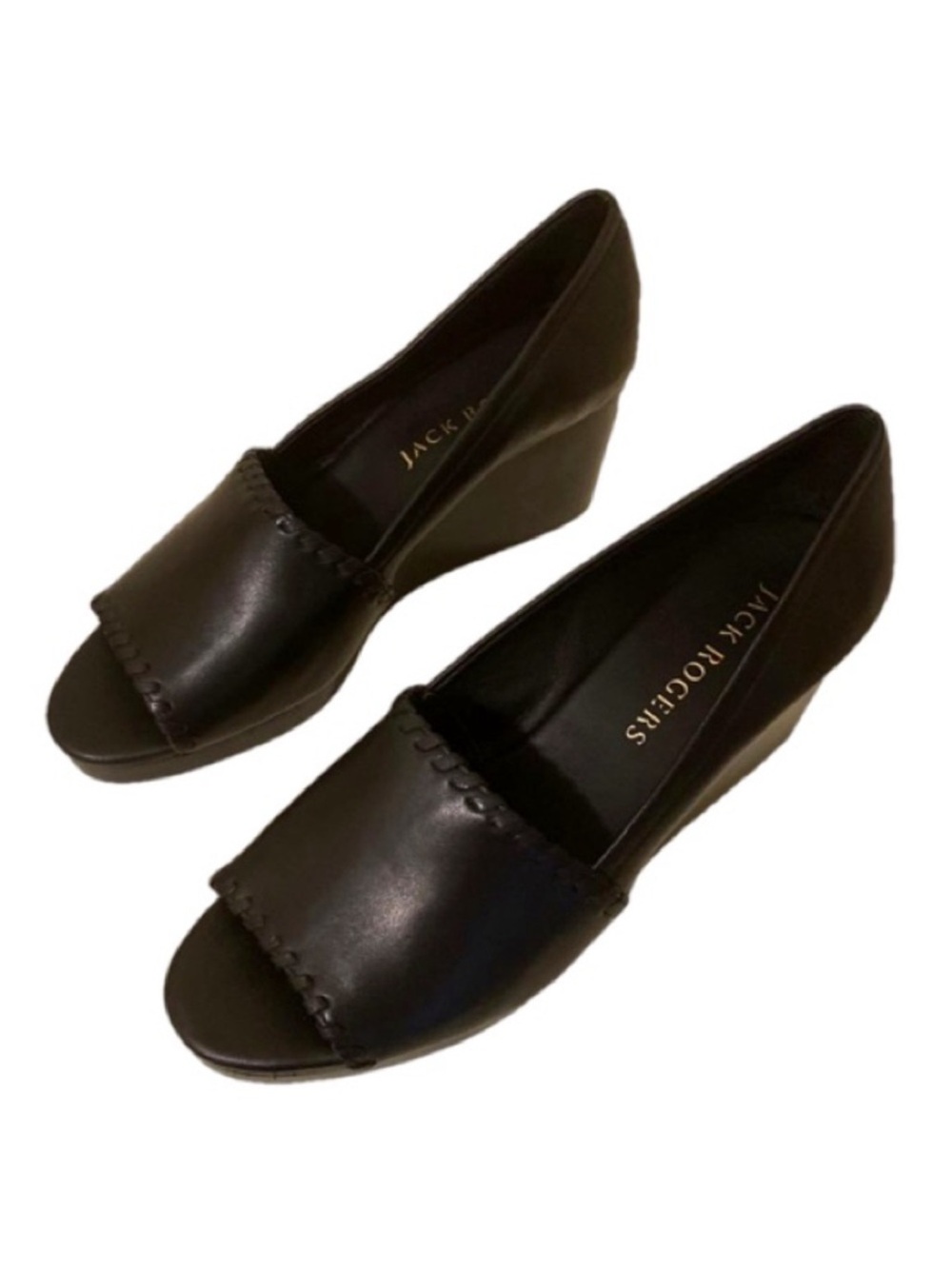 Jack Rogers Palmer Black Leather Stacked Wedge Sandals Whipstitch Trim - Picture 3 of 9